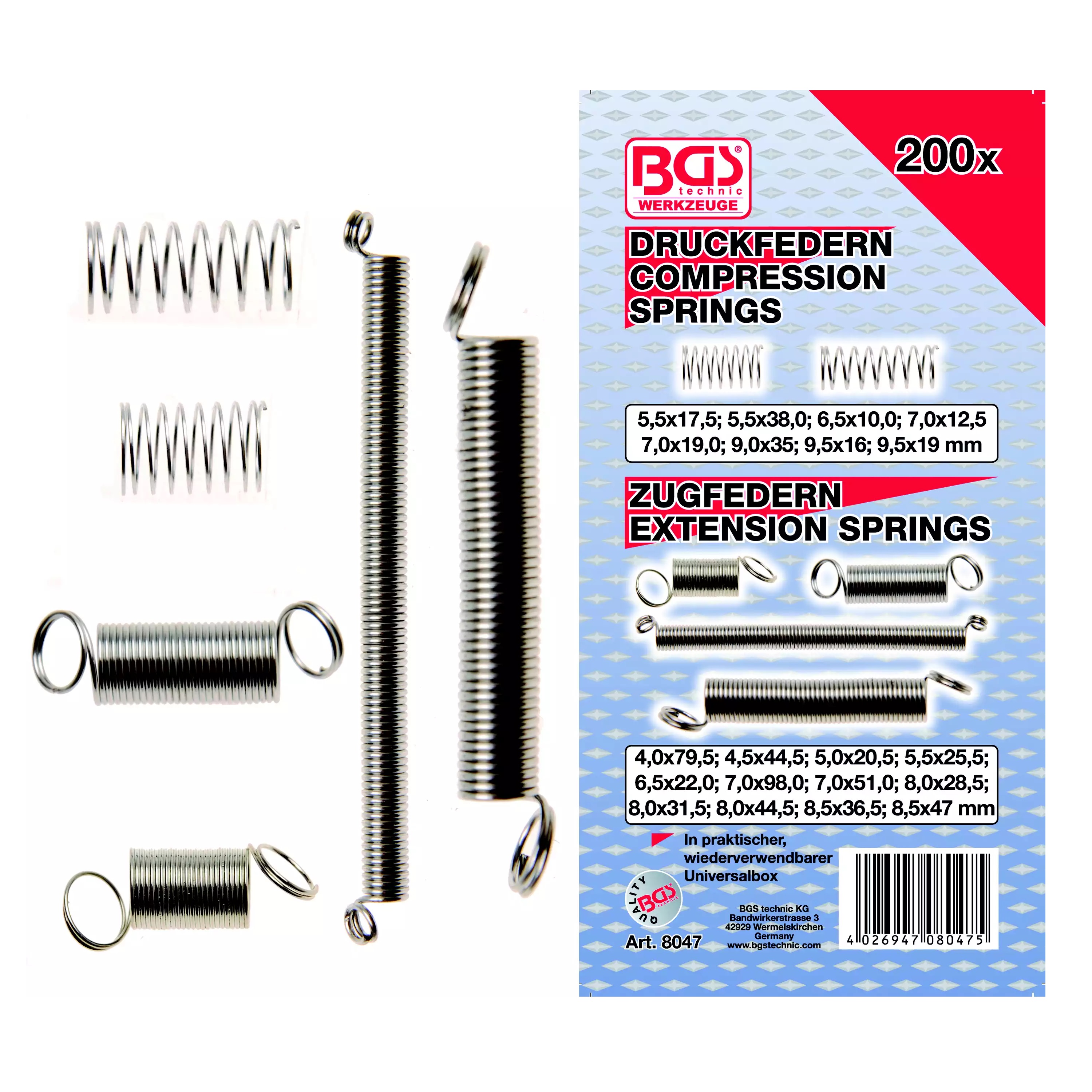 BGS sada pružín pr.4,0mm - 9,5mm 200 diel.   108047