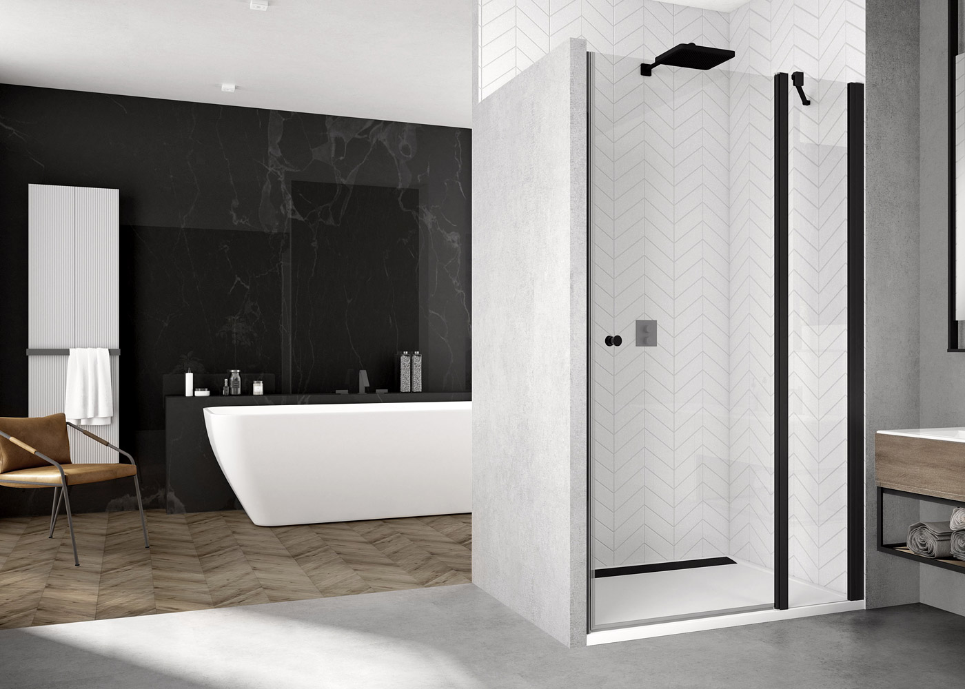 sprchový kút SOLINO SOL13 0900 06 07 jednokrídlové dvere s pevnou stenou v rovine, čierne, výška 2m