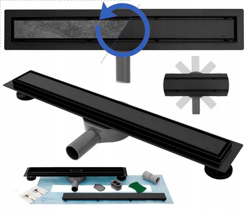 sprchový žlab PLUTO BLACK 800 čierna mat, plný rošt, aj na vloženie dlažby, výška 62mm