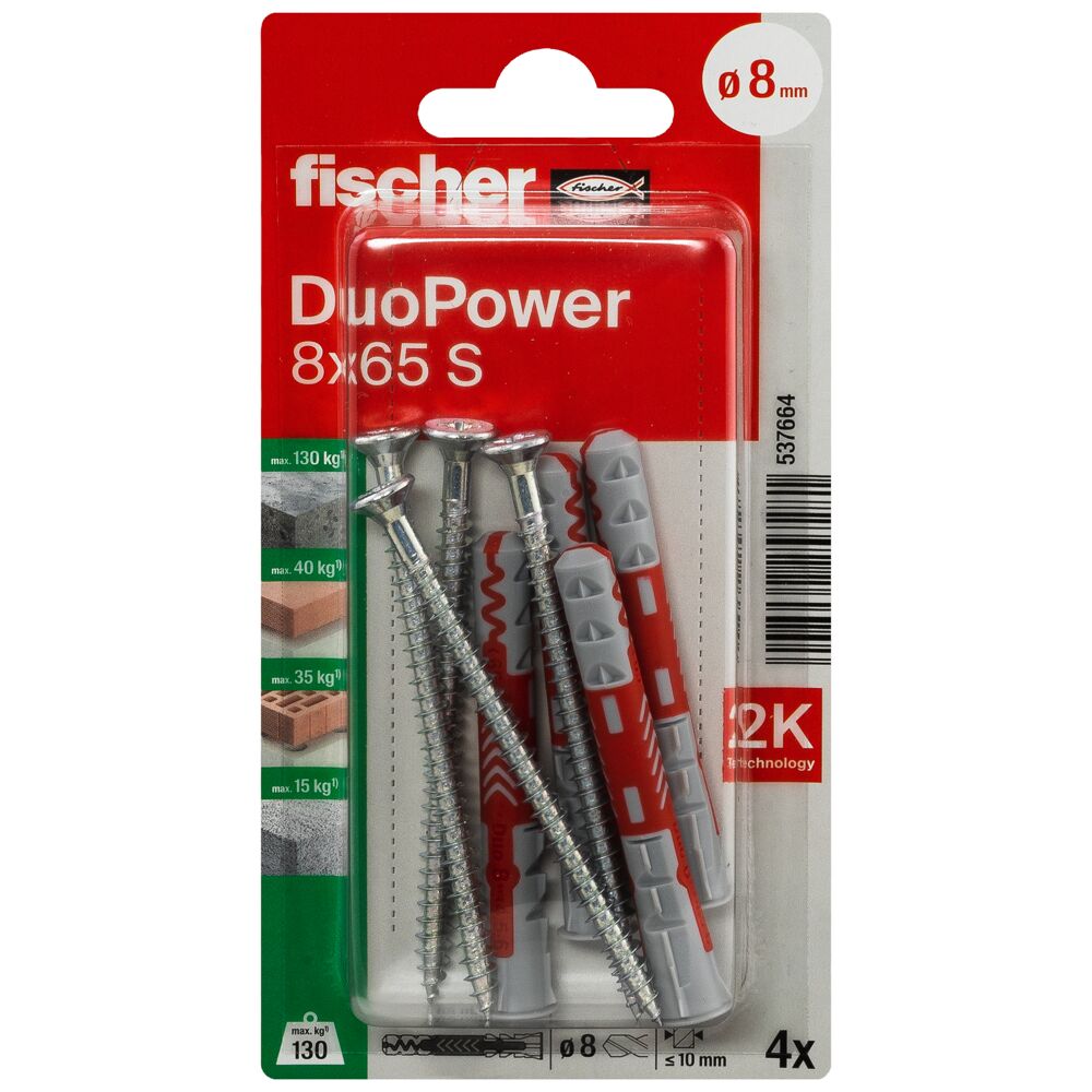 Fischer hmoždinka  8 x 65 S so skrutkou DuoPower v blistri  537664