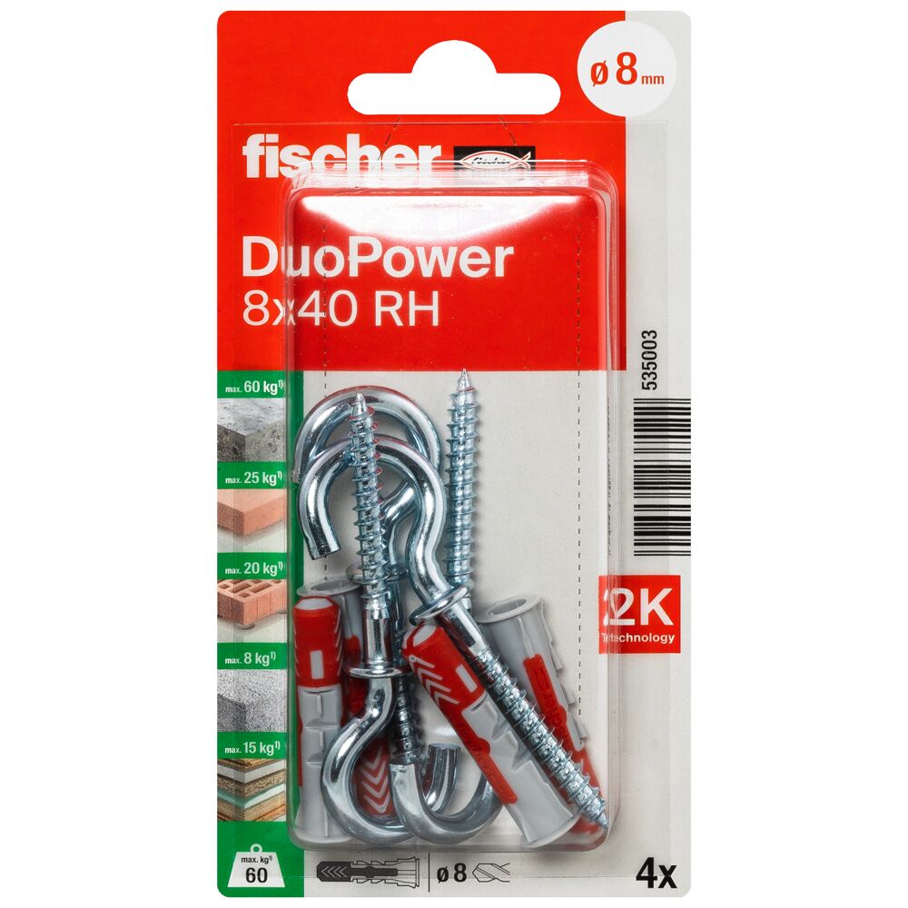 Fischer hmoždinka  8 x 40 RH polguľatý háčik  DuoPower v blistri 535003