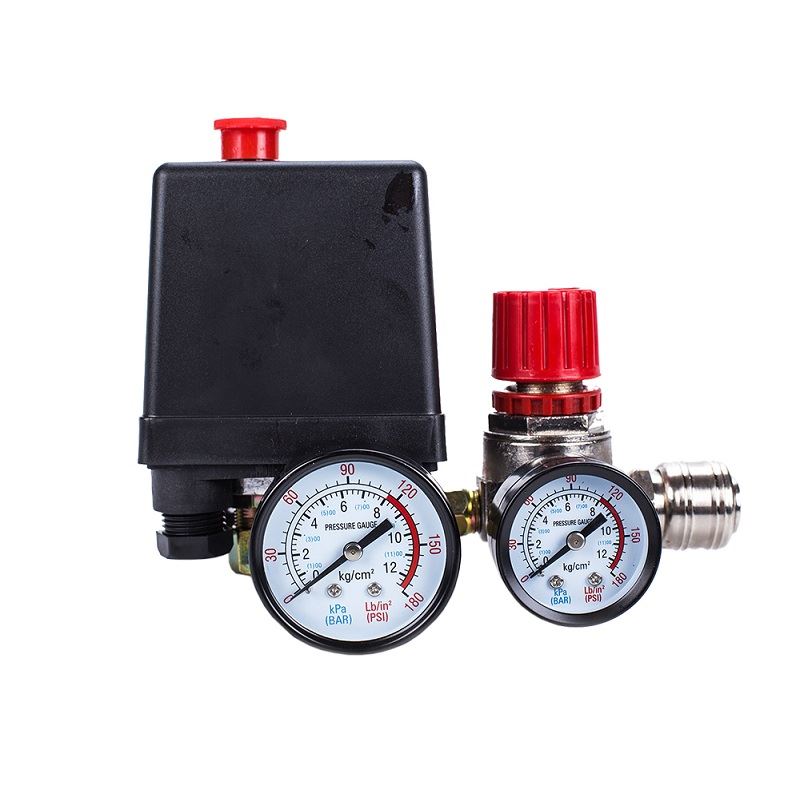 tlakový spínač na kompresor 0-5 bar, 230V, 1 výstup 1/4" s 2 manometrami, MAR-POL M806873