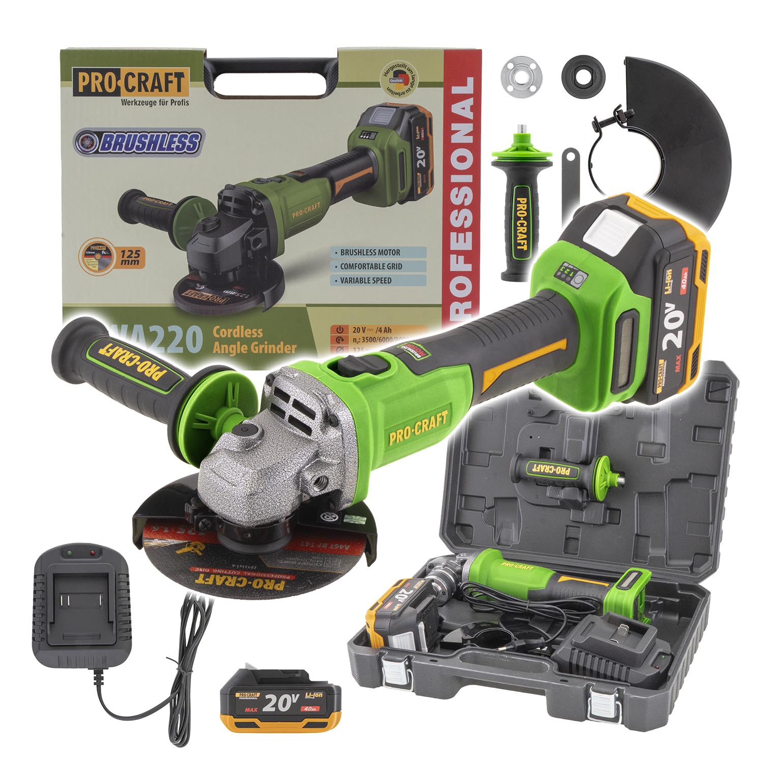 PROCRAFT AKU brúska uhlová PWA220 20V 1x4,0Ah, nabíjačka