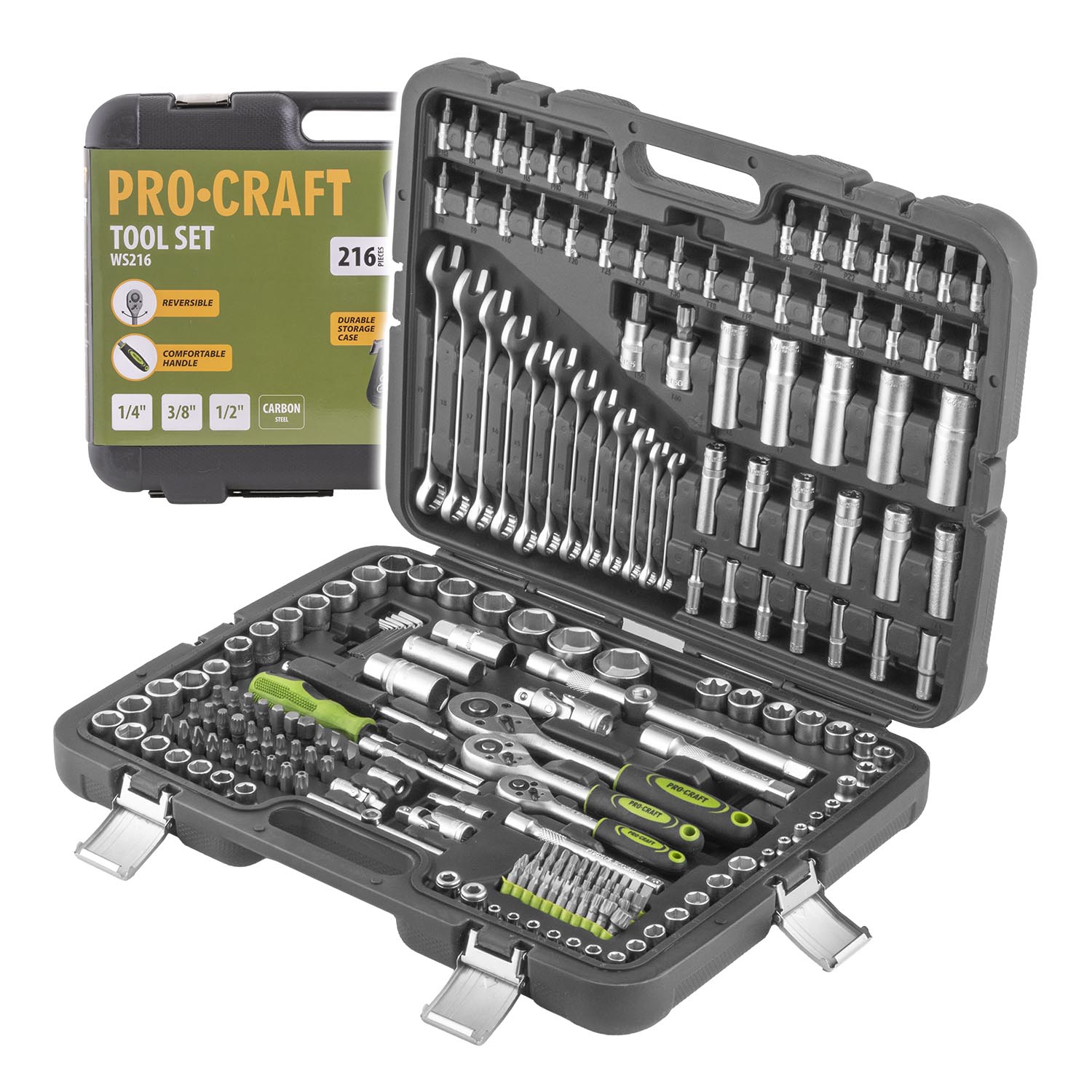 Procraft Gola sada 1/4" 3/8" 1/2", 216-dielna v plastovom kufri, WS216