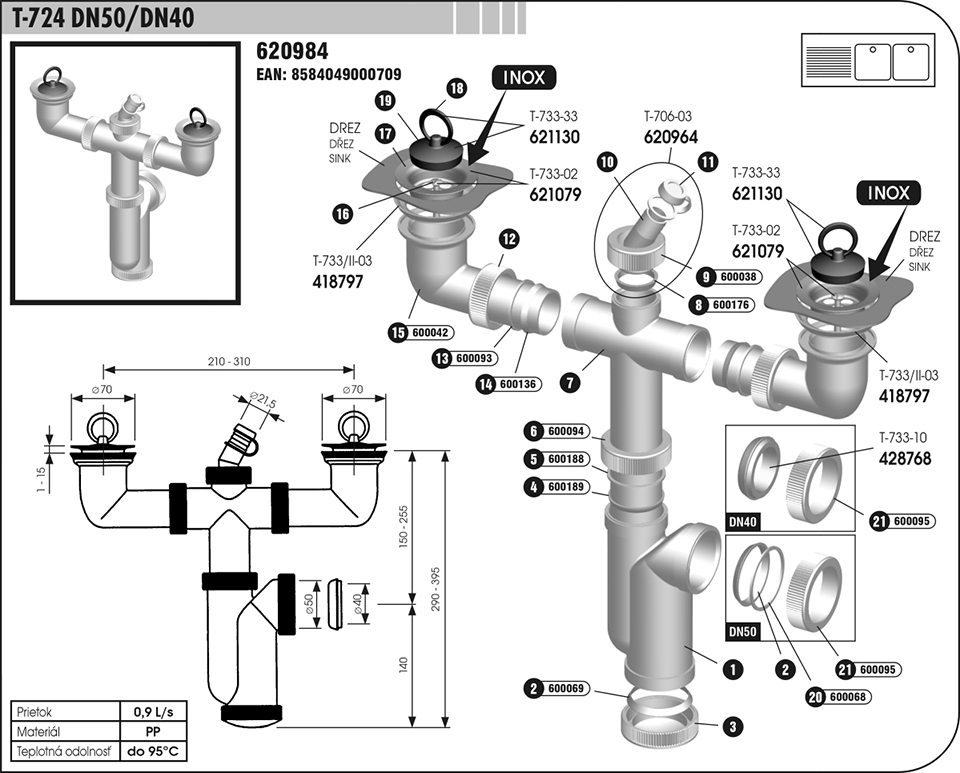 sifón drezový  dvojitý T 724 DN50/40 2xner 620984