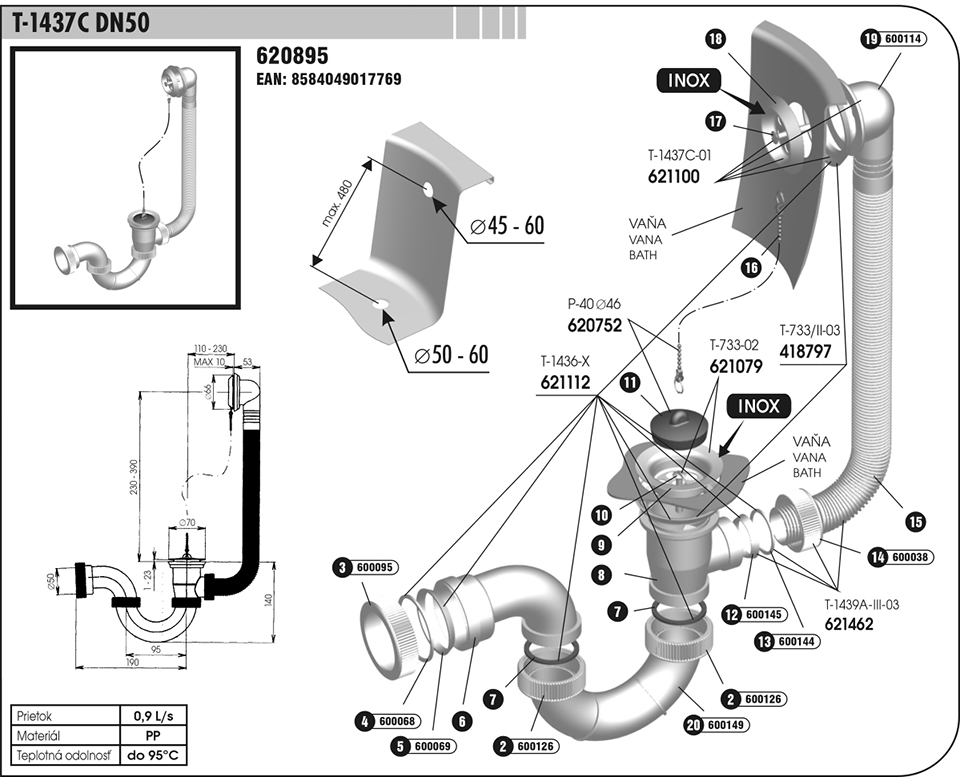 sifón vaňový  náhradný diel T-1437C-01 vaň. koleno 621100
