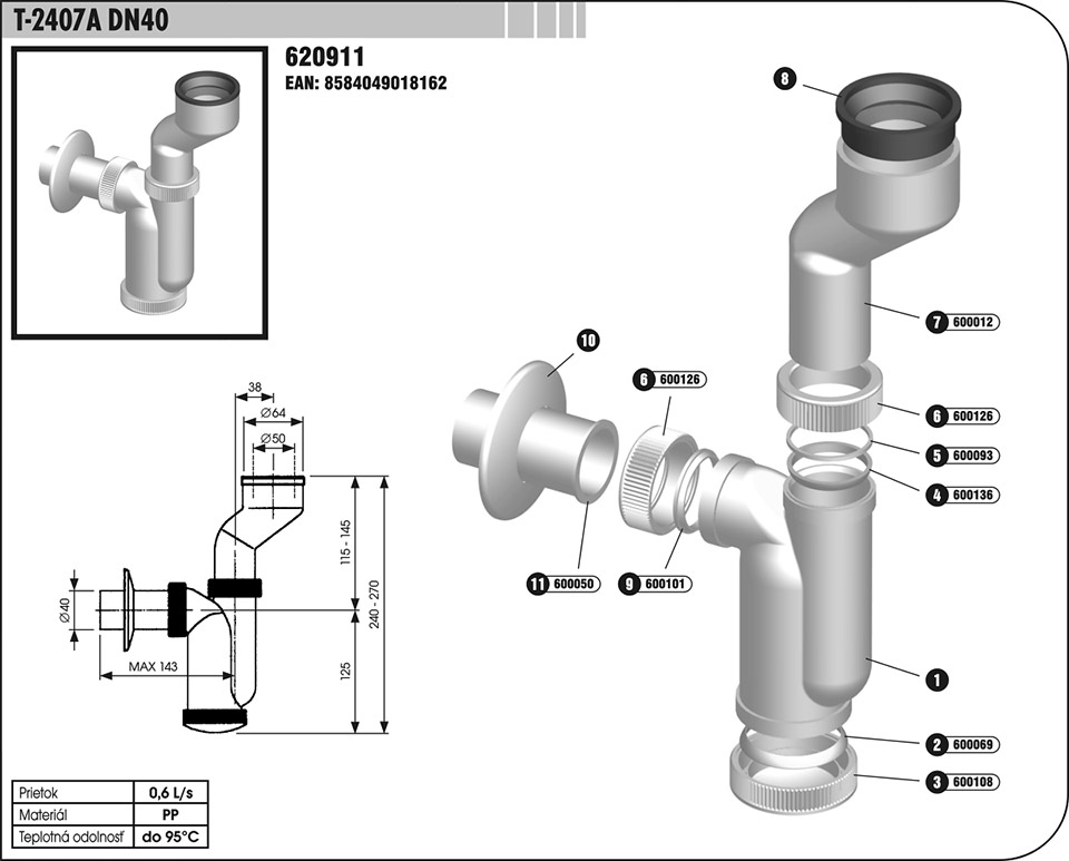 sifón pisoárový T-2407 DN40 s manžetou  620911