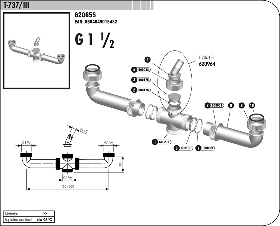 sifón drezový  dvojitý T 737/III dopojenie na dvojdrez 620655